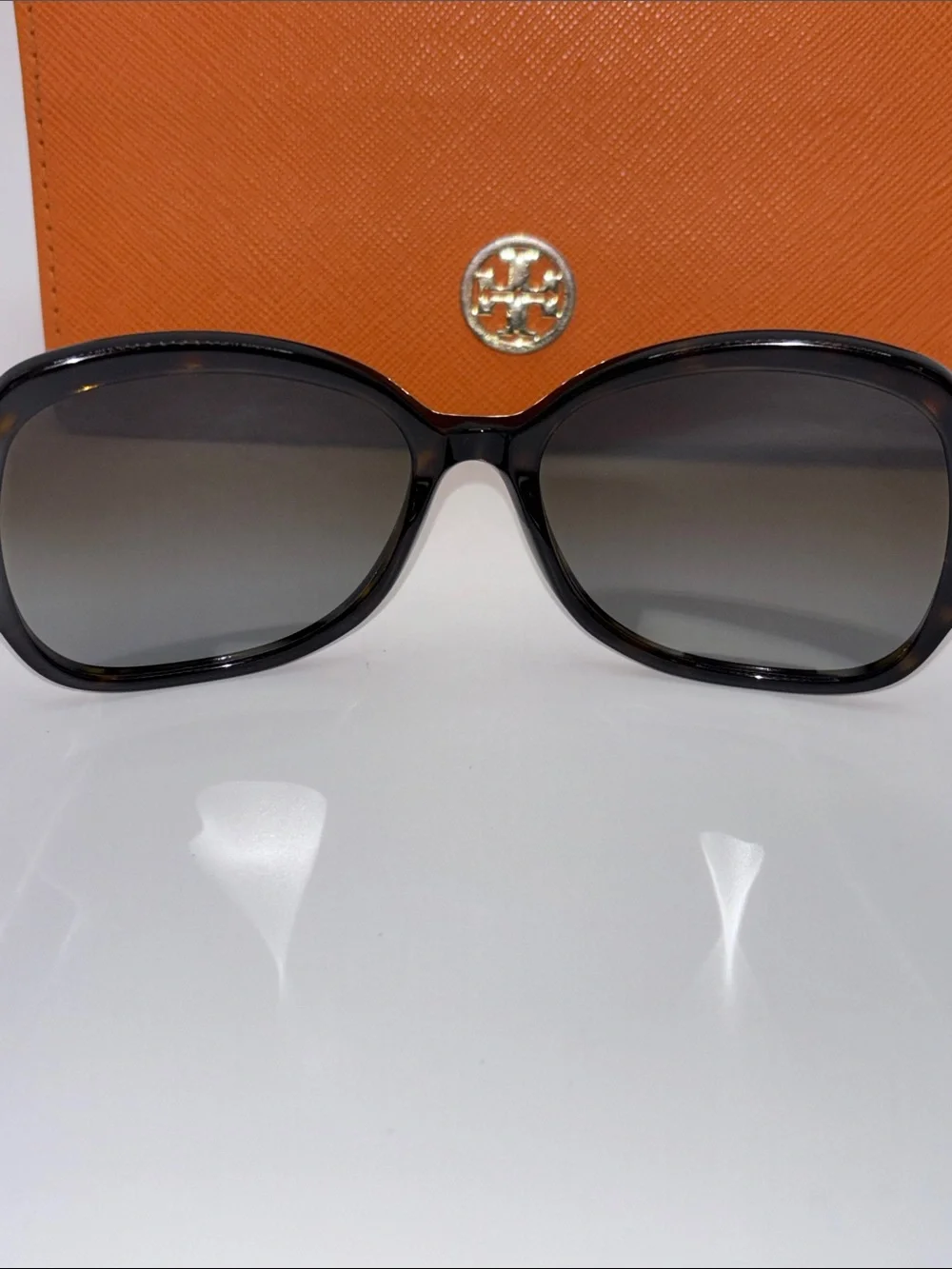 Tory Burch Black Oversized Tortoise Sunglasses with Orange Logo Case